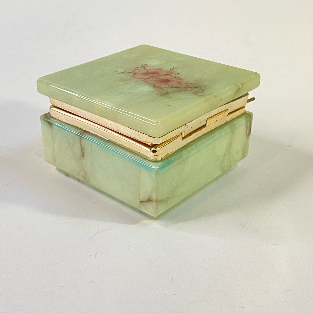 Italian Alabaster Green Square Hinged Trinket Box, Floral Lid